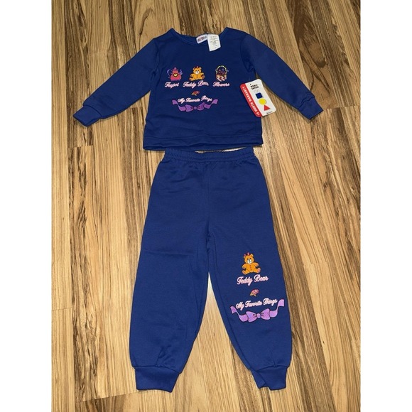 VTG NEW Okie Dokie Toddler 3T Sweat Outfit Teddy Bear Teapot Flowers Blue